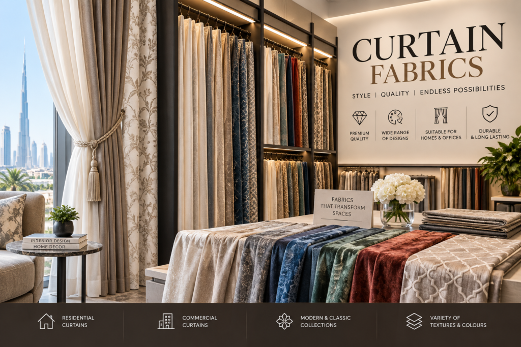 Curtain fabrics in a modern Abu Dhabi showroom with fabric samples, colours and textures for custom curtains