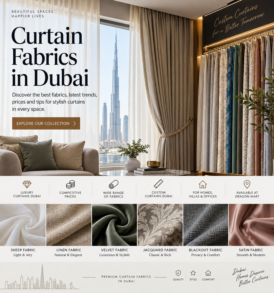 Curtain fabrics in Dubai including sheer linen velvet jacquard and blackout fabrics