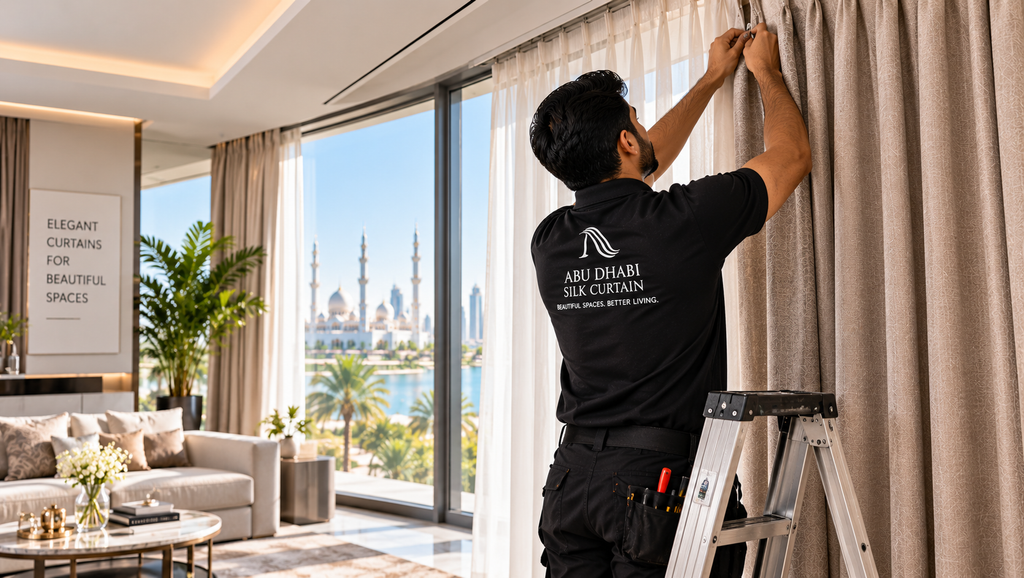 Professional curtain installer fitting custom curtains in a modern Abu Dhabi living room