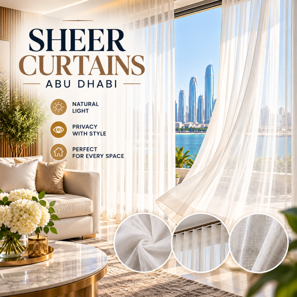 Floor-to-ceiling white sheer curtains in a modern Abu Dhabi living room overlooking a waterfront skyline, creating a bright and elegant interior.