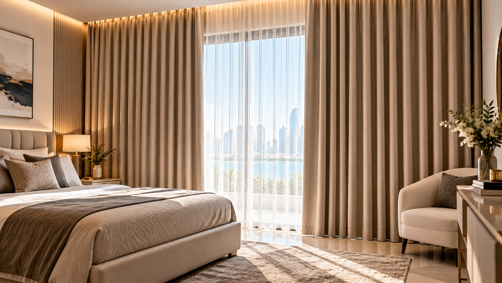Beige blackout curtains in a luxury bedroom, providing privacy and light control with elegant modern interior décor.