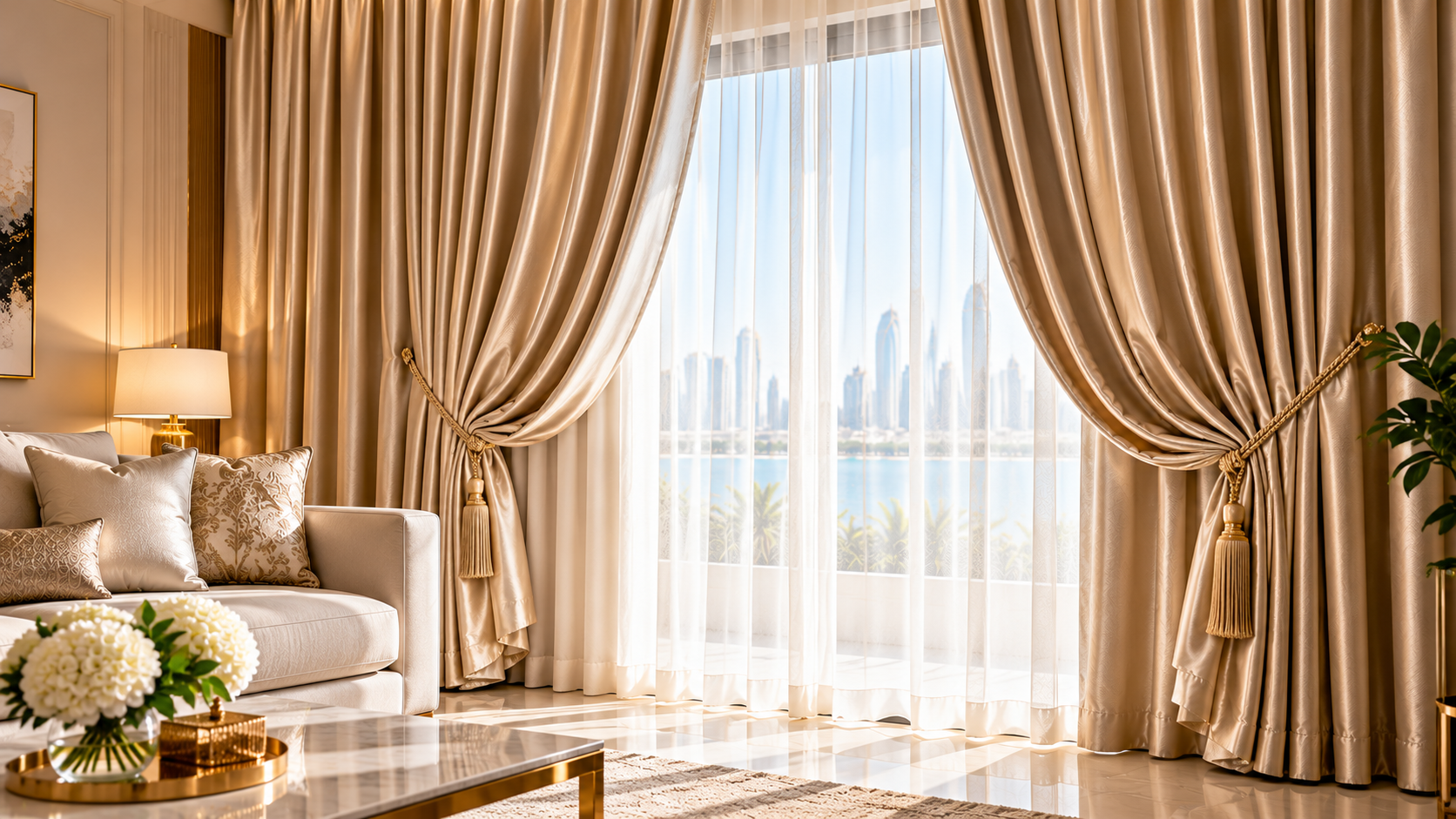 Luxury sheer curtains in a modern Abu Dhabi living room with natural daylight, elegant cream furniture, and waterfront views.