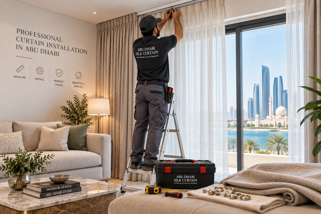 Professional curtain installer fitting a ceiling curtain track in Abu Dhabi