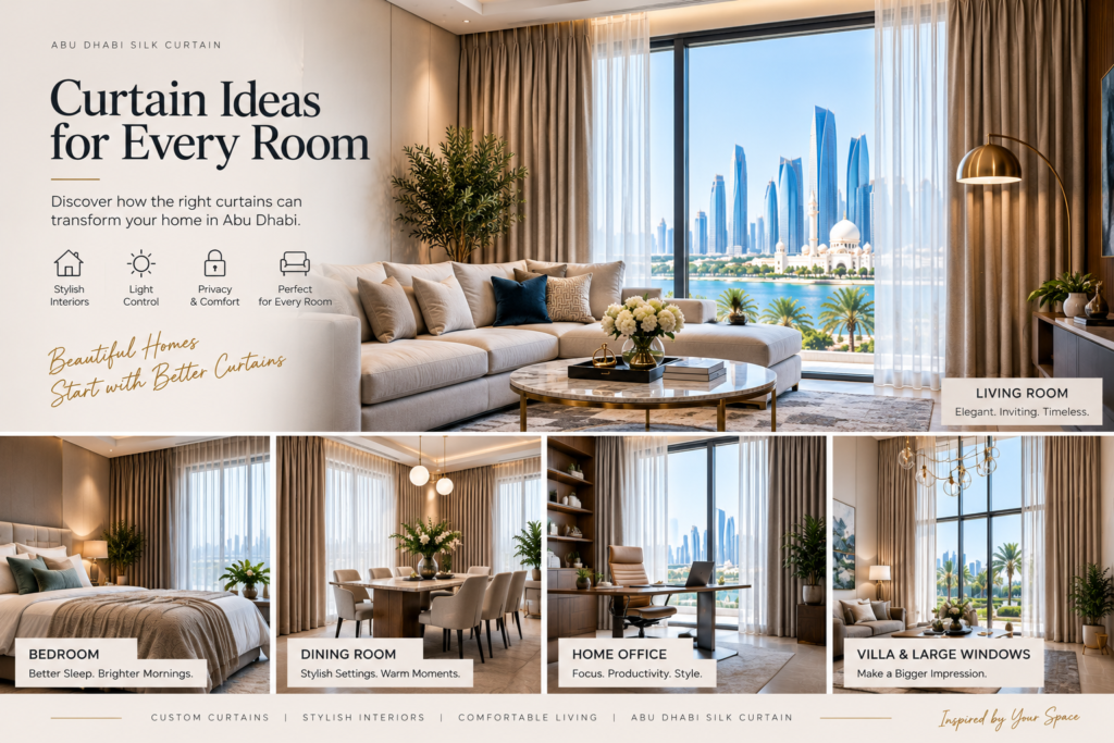 Modern living room with custom curtains and Abu Dhabi skyline views