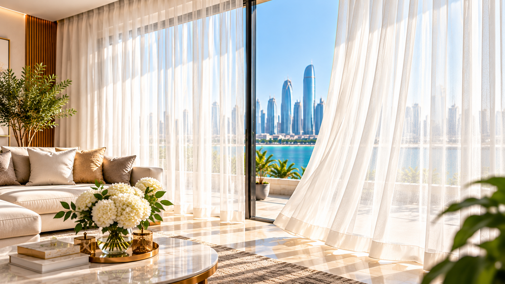 A modern interior featuring custom-made curtains designed to complement the room's windows, furniture, and overall décor. Suitable inspiration for homeowners exploring custom curtains services in Abu Dhabi.