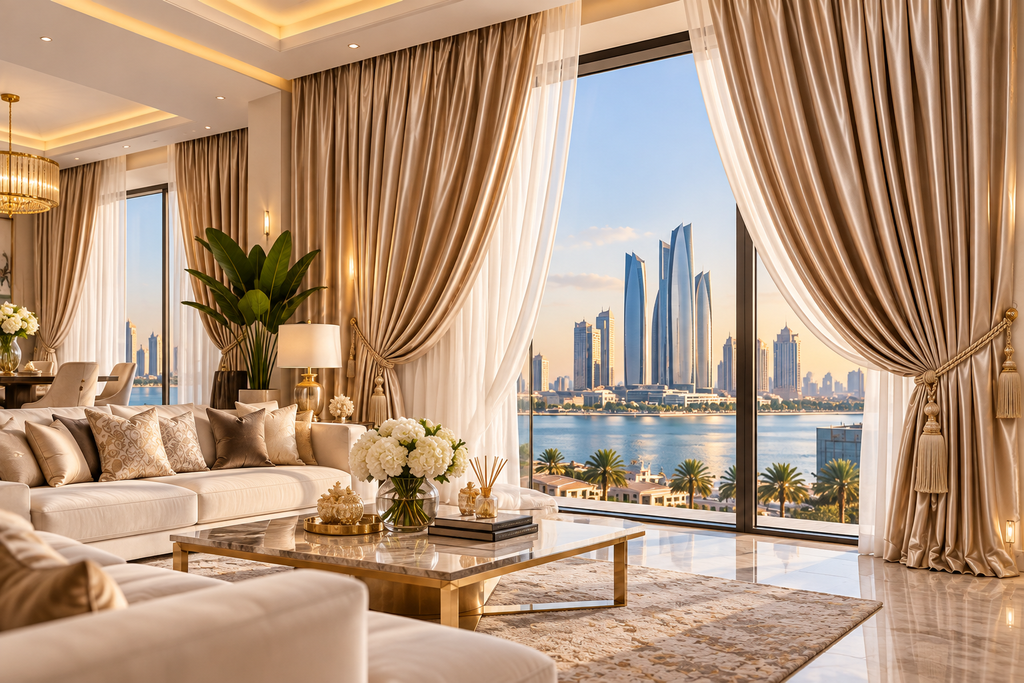 Luxury silk curtains Abu Dhabi in an elegant modern living room