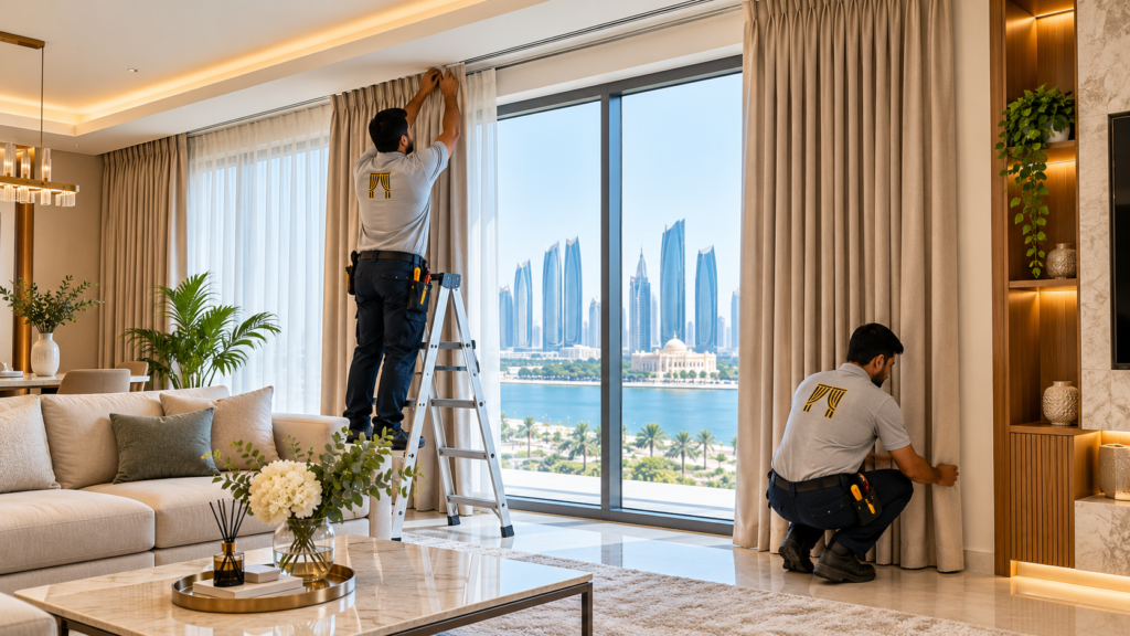Professional curtain installation with beige floor-length curtains in a modern Abu Dhabi living room