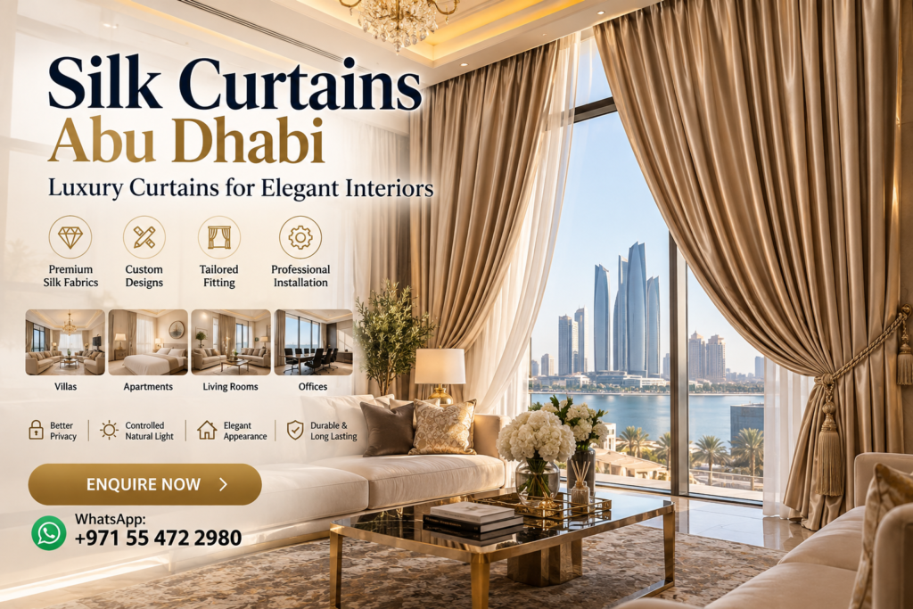 Champagne silk curtains in a luxury Abu Dhabi living room with waterfront view